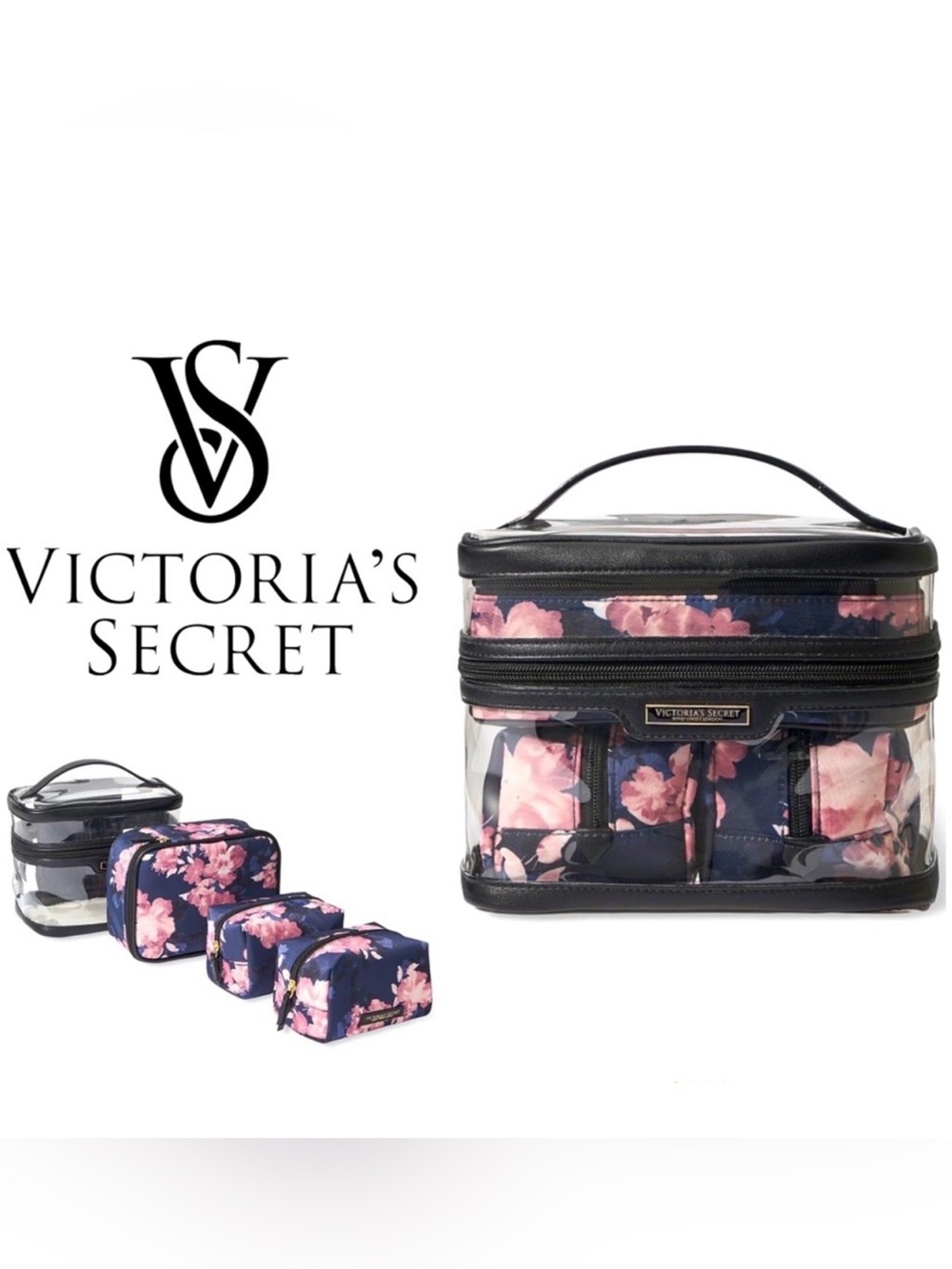 Victoria's Secret Night Bloom Floral Clear PVC 4-in-1 Train Case Makeup Set